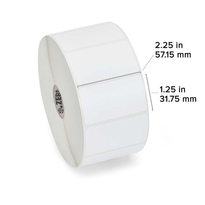 Zebra direct thermal paper labels in a roll, measuring 2.25" x 1.25", ideal for efficient labeling.