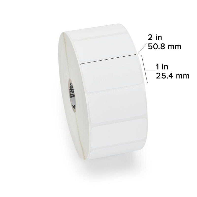 Zebra 10010039 direct thermal paper labels for printers on a roll, measuring 2" x 1", showcasing easy separation for labeling.