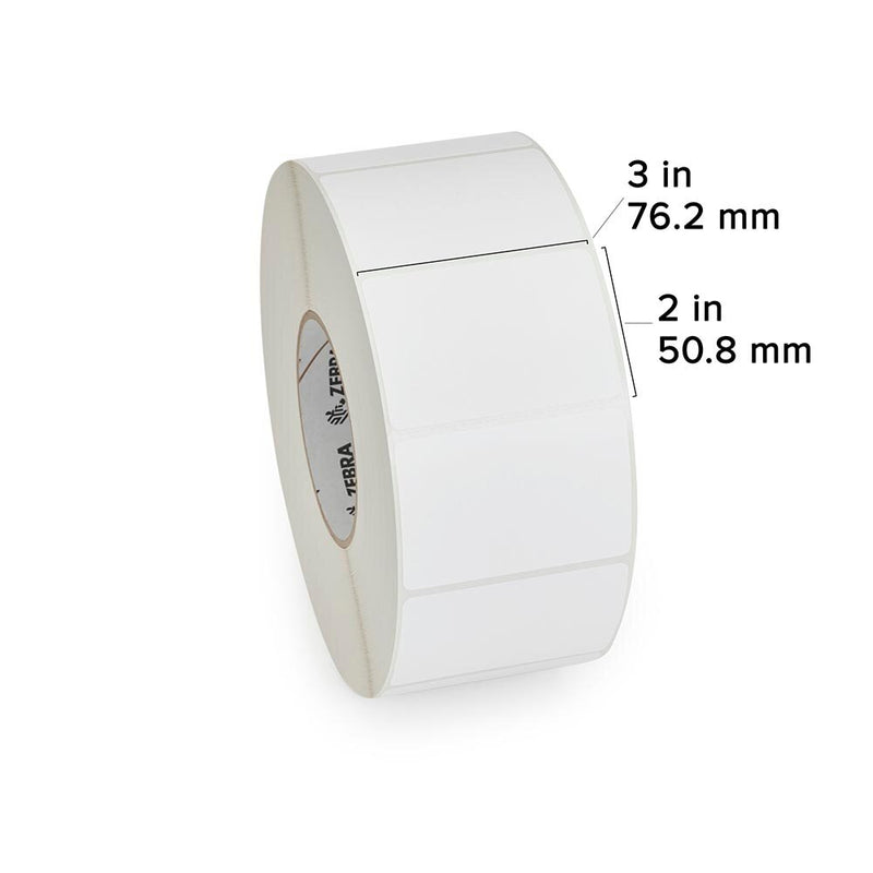 Zebra 10000286 Z-Perform 2000T thermal transfer paper labels on a roll, dimensions 3 in x 2 in, for high-volume printing.
