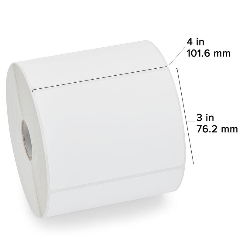 Zebra 10015344 Z-Select 4000D direct thermal paper labels for shipping, measuring 4" x 3" on a roll.