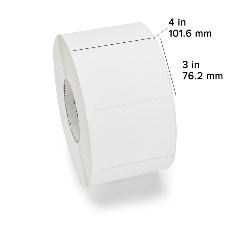 Zebra thermal transfer labels 4x3 on a roll, showcasing dimensions 4 in x 3 in, designed for thermal transfer printing.
