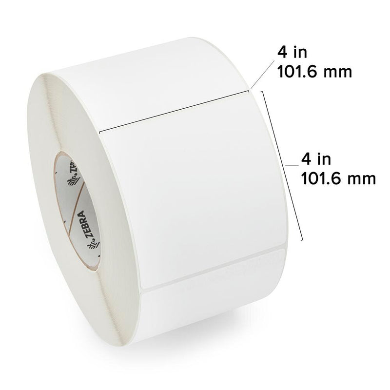 Zebra 10021230 thermal transfer paper labels for Zebra printers, 4" x 4" white paper label roll, 1,500 labels per roll.
