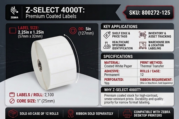 Zebra 800272-125 Z-Select 4000T 2.25" x 1.25" Thermal Transfer Paper Label – 2,100 Labels/Roll – 12 Rolls/Case