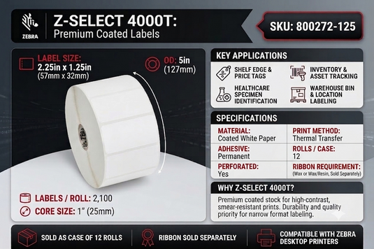 Zebra 800272-125 Z-Select 4000T 2.25" x 1.25" Thermal Transfer Paper Label – 2,100 Labels/Roll – 12 Rolls/Case