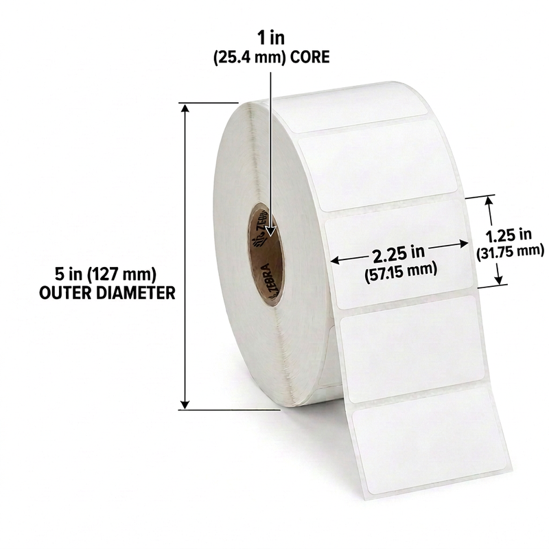 Zebra label diagram with separated width and length annotations