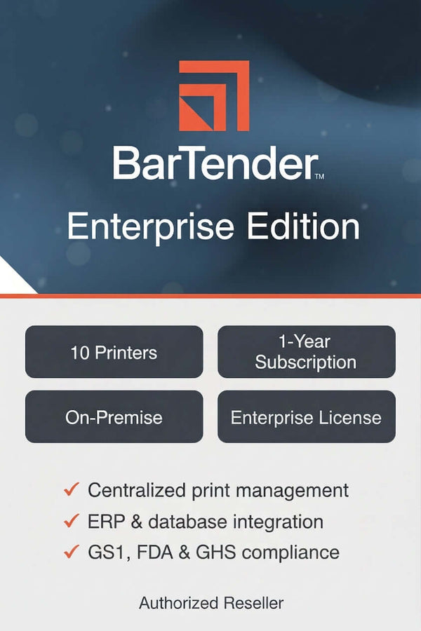 BarTender Enterprise Label Software 10-Printer License, 1-Year Subscription (On-Premise)