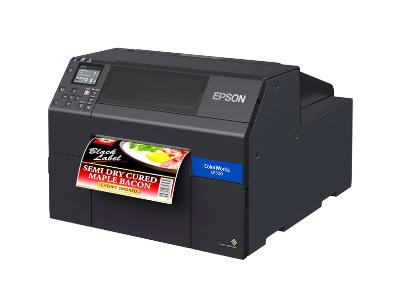 Epson ColorWorks CW-C6500P gloss label printer featuring a vibrant label for semi dry cured maple bacon.