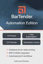 BarTender automation label software features 10 printers, 1-year subscription, on-premise deployment, and automation license.