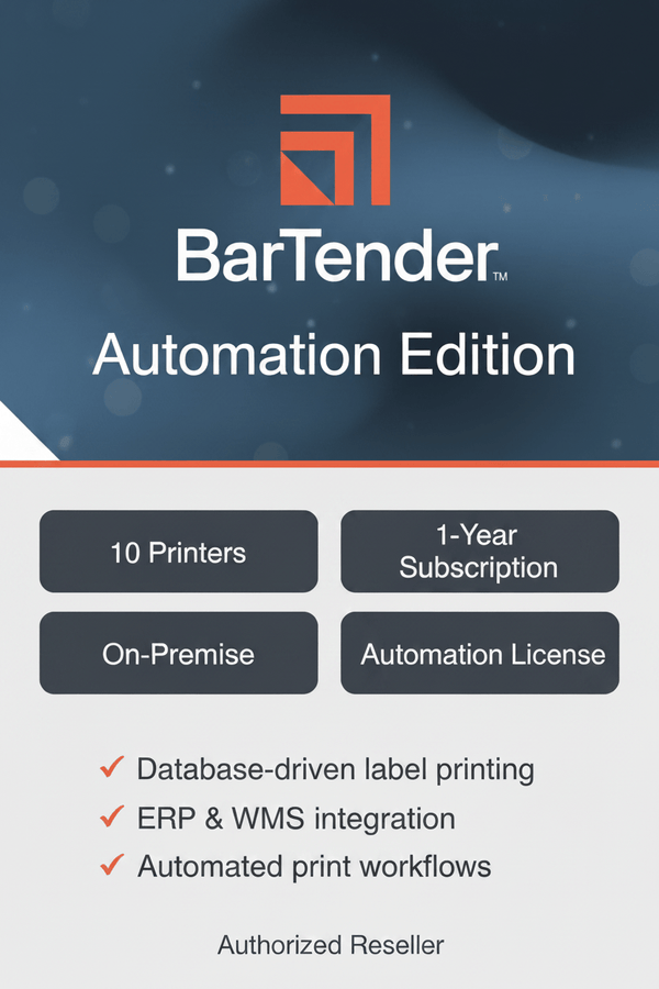 BarTender automation label software features 10 printers, 1-year subscription, on-premise deployment, and automation license.