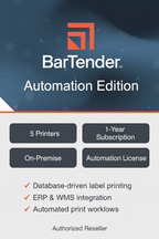 BarTender automation label software image featuring 5-printer license, 1-year subscription, and on-premise deployment.