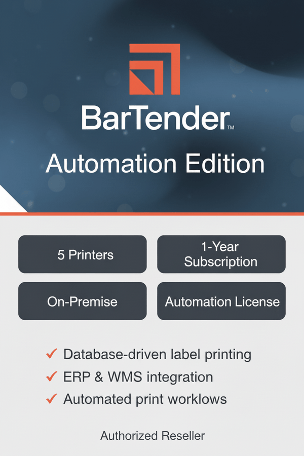 BarTender automation label software image featuring 5-printer license, 1-year subscription, and on-premise deployment.
