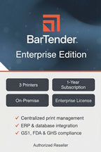 Promotional graphic for BarTender Enterprise Edition, showing the BarTender logo and name, a dark blue abstract background, and feature callouts including 3 printers, 1-year subscription, on-premise, enterprise license, and compliance benefits.