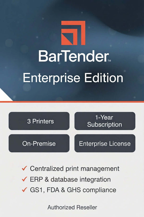 Promotional graphic for BarTender Enterprise Edition, showing the BarTender logo and name, a dark blue abstract background, and feature callouts including 3 printers, 1-year subscription, on-premise, enterprise license, and compliance benefits.