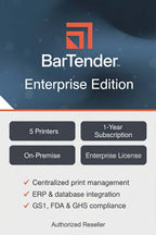Promotional graphic for BarTender Enterprise Edition, showing the BarTender logo and name, a dark blue abstract background, and feature callouts including 5 printers, 1-year subscription, on-premise, and enterprise license.