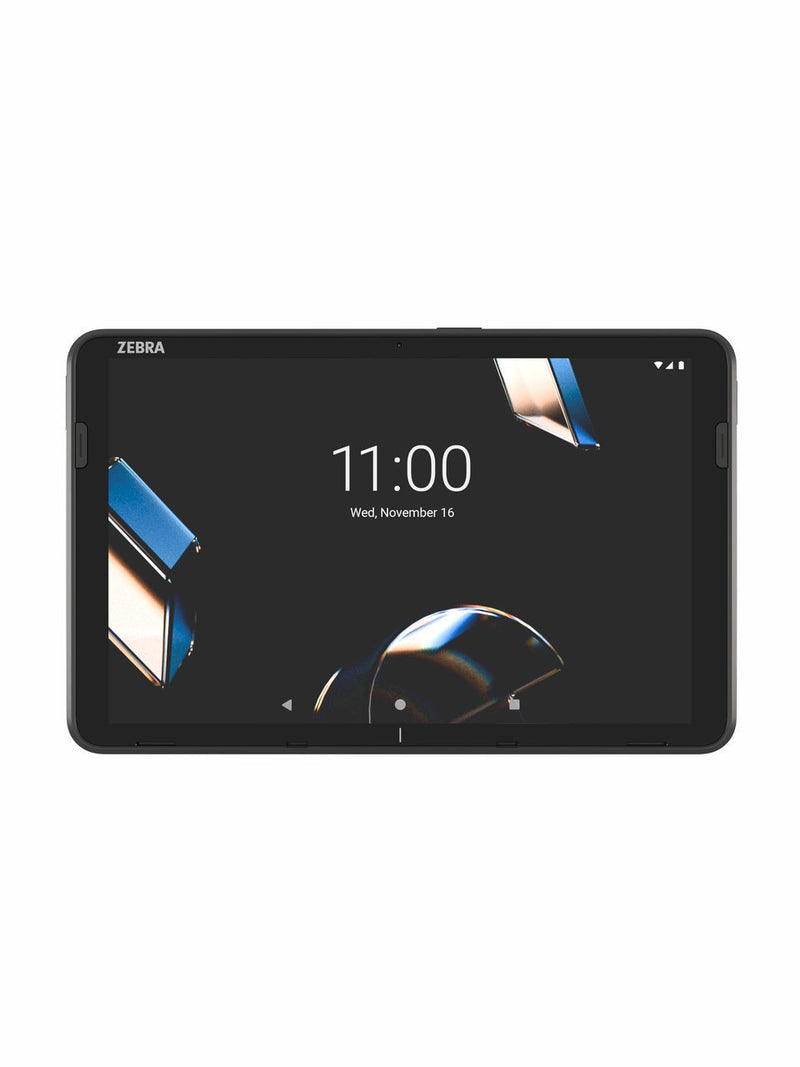 Zebra ET40 10-inch rugged enterprise tablet with Wi-Fi 6E displaying time and date on screen.