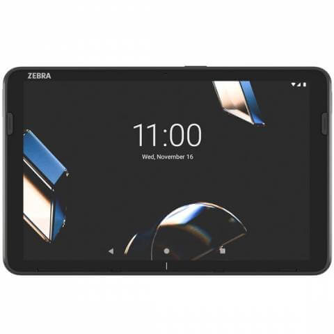 Zebra ET40 10-inch rugged enterprise tablet Wi-Fi 7 with screen display showing time and date.