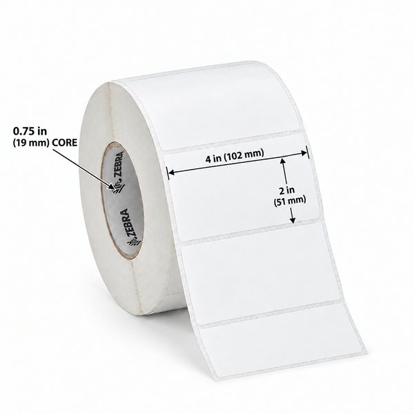 Zebra Z-Perform 1000D direct thermal labels on a roll, size 4x2 inches, featuring a 0.75 inch core.