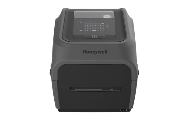 Honeywell PC45T desktop label printer front view with touchscreen and connectivity options.