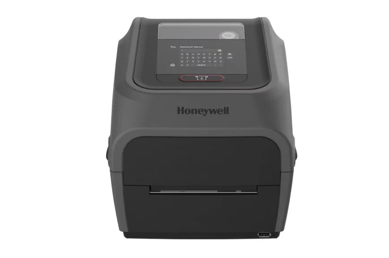 Honeywell PC45T desktop label printer front view with touchscreen and connectivity options.