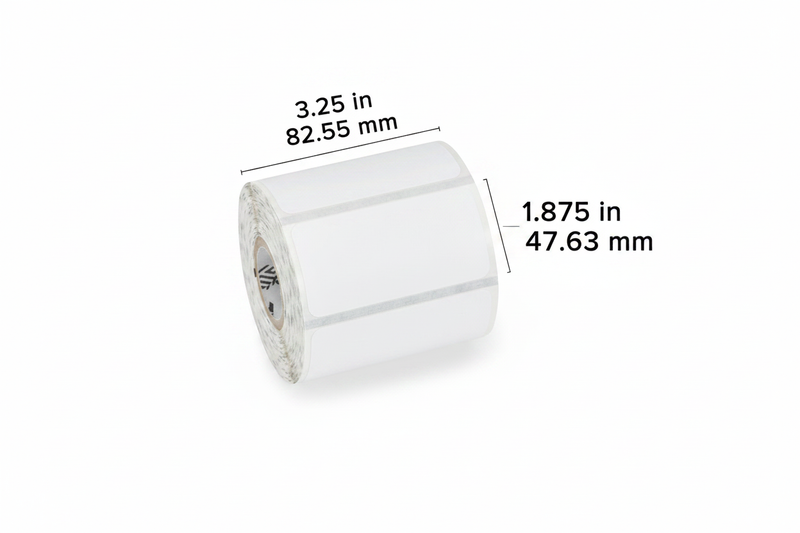 Zebra direct thermal paper tags roll showing dimensions 3.25 in x 1.875 in, ideal for tagging and ticketing applications.