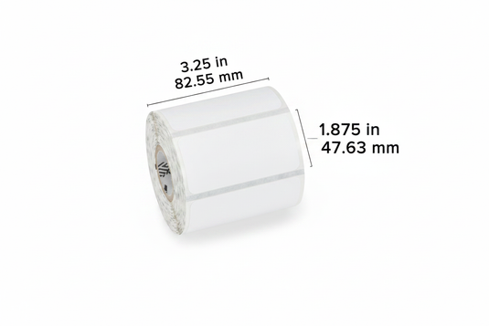Zebra direct thermal paper tags roll showing dimensions 3.25 in x 1.875 in, ideal for tagging and ticketing applications.
