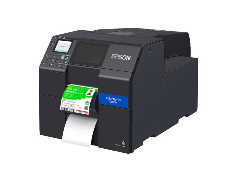 ColorWorks CW-C6000P color inkjet gloss label printer printing a colorful label for organic blueberry jam.