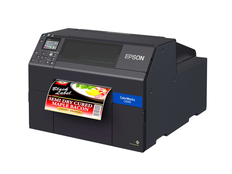 ColorWorks CW-C6500A color inkjet label printer with auto cutter printing label for semi dry cured maple bacon.