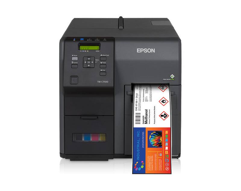 Epson C7500 inkjet label printer producing a full-color label for safety instructions with vibrant graphics.