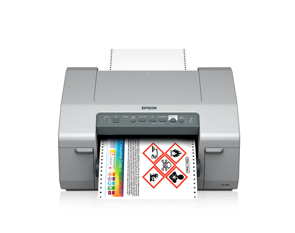 ColorWorks GP-831 inkjet label printer with safety labels printing, showcasing efficiency and quality in label production.