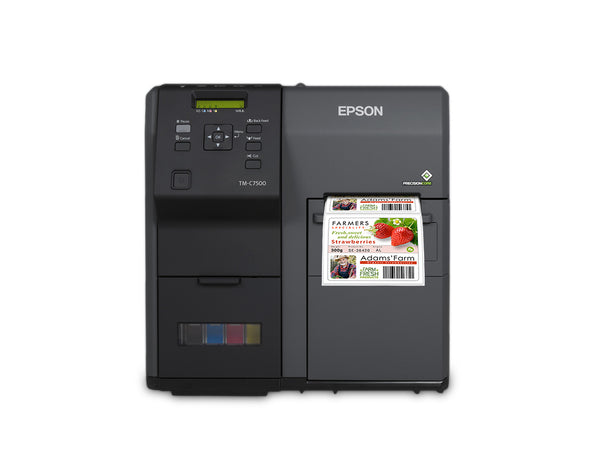 ColorWorks C7500GE high volume inkjet label printer displaying a glossy label for strawberries.
