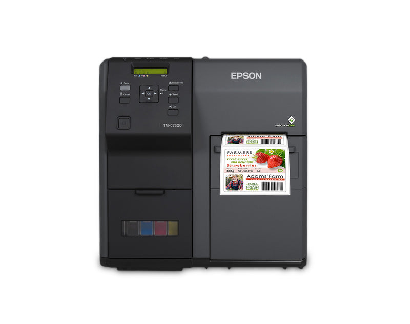 ColorWorks C7500GE high volume inkjet label printer displaying a glossy label for strawberries.