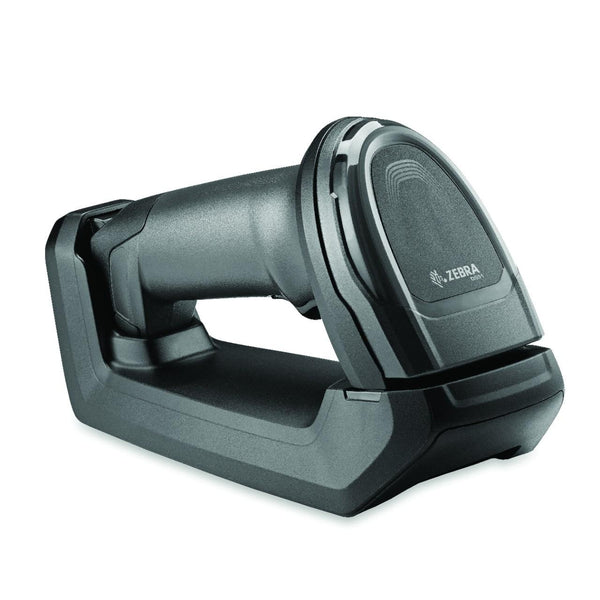 Zebra DS8178-SR cordless barcode scanner kit FIPS showing ergonomic design and charging cradle.