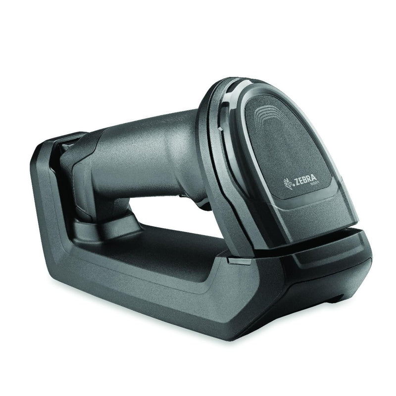 Zebra DS8178-SR cordless barcode scanner kit FIPS showing ergonomic design and charging cradle.
